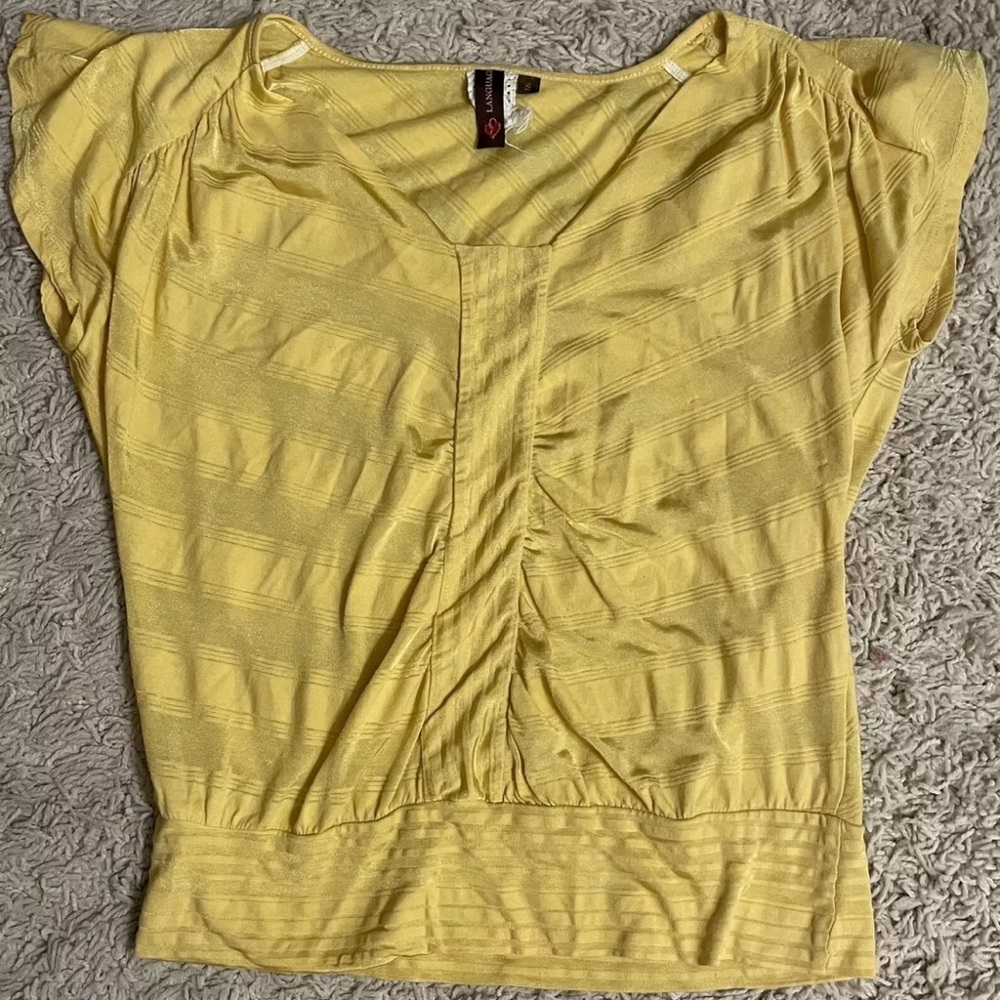 LANGUAGE Neishaa yellow striped short sleeve stretchy shirt top blouse Small S 4
